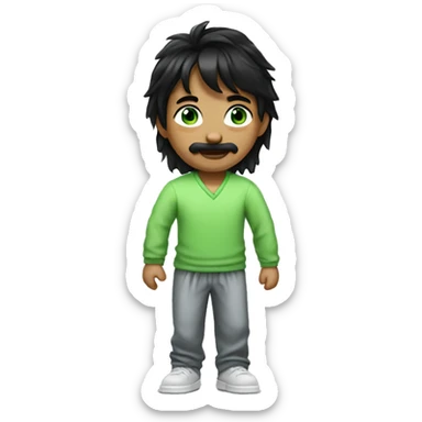 boy with black hair styled in a modern mullet, a mustache that is not curled at the ends, and green eyes, with a mischievous smile. He is wearing pajamas and farting. sticker