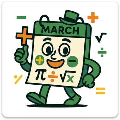 math-themed character representing the month of March, with math symbols, green accents, and a calendar element sticker