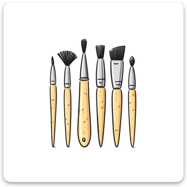A set of artist paintbrushes in different sizes and shapes with wooden handles in pastel colors (dd9fb0, ffc6d3, a3bfc9, c4bee2, f1b091), hand-drawn doodle style sticker