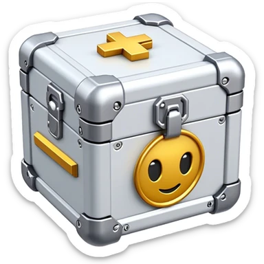 Clash of Clans aesthetic: Cinematic Playful Sci-fi Loot Crate Emoji, rendered in a 3D vector-style similar to standard emojis with minimal shading and bold, simplified shapes. A compact, futuristic storage box with sleek metallic panels and digital accents, softly glowing with a cosmic treasure charm. Simplified yet unmistakably iconic, highly detailed and consistent, glowing with a soft radiant shine and high gloss. Stylized with a touch of intergalactic mystery and a soft glowing outline, capturing the essence of a futuristic reward chest with a friendly, playful allure! sticker