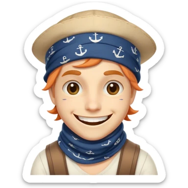 Clash of Clans aesthetic Playful Pirate Portrait Emoji, Head tilted with a roguish, cheeky grin and twinkling eyes, featuring a compact, spirited build with a jaunty hat and a quirky bandana, his natural skin tone evident, Simplified yet irresistibly charming features, highly detailed, glowing with a warm, inviting oceanic glow, high shine, spirited and lively, stylized with an air of whimsical maritime mischief, soft glowing outline, capturing the essence of a playful pirate exuding friendly rogue charm! sticker