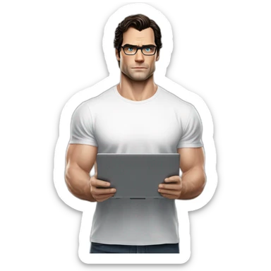 front view of henry cavill clark kent wearing white t-shirt using a laptop sticker