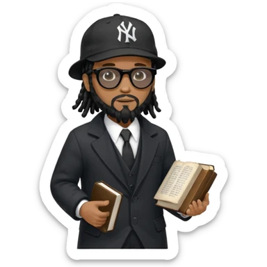 African American man with shoulder length black dreadlocks with black beard wearing black sunglasses wearing a black bubble winter coat wearing a black New York Yankees logo baseball cap wearing a suit and tie walking with a Bible sticker