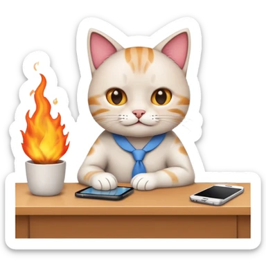 Apple-style emoji illustration of a cute cat character calmly sitting at an office desk, holding a smartphone and looking relaxed, while the office behind is subtly on fire. sticker