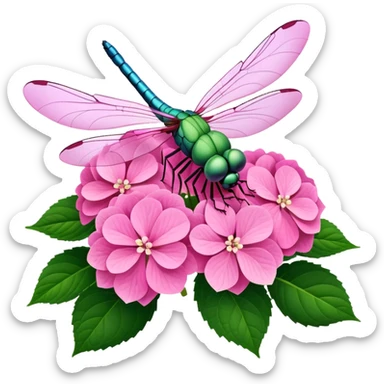3D Realistic Still life bright pink detailed Hydrangea macrophylla, green leaves, detailed wings, dragonfly resting  sticker