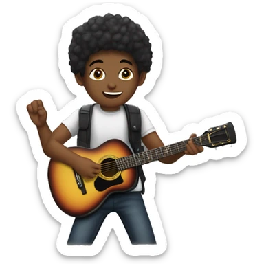 un joven músico en estudio casero. Está usando una camiseta negra sin mangas y mientras toca una guitarra eléctrica. Su expresión sugiere que está inmerso en la música, con los ojos cerrados y una expresión apasionada mientras toca. sticker