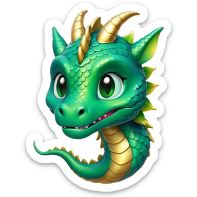 Cinematic Cute Dragon Portrait Emoji, Head tilted playfully and inquisitively, featuring a sleek, serpentine form adorned with iridescent scales that shift between emerald and gold, a delicate set of subtle horns, and round, sparkling eyes full of curious magic; rendered with realistic detail and warm natural light, high shine, affectionate and enchanting, styled with a touch of whimsical fantasy, soft glowing outline, capturing the essence of a mischievous yet lovable dragon that seems poised to slither playfully into your arms! sticker
