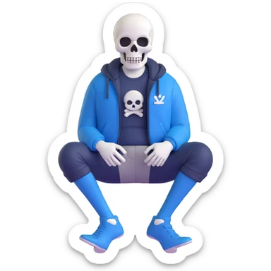 Sans character sitting with legs crossed, white skull, blue jacket, simple background sticker
