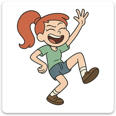 red-haired girl in a playful pose, cartoonish and exaggerated sticker