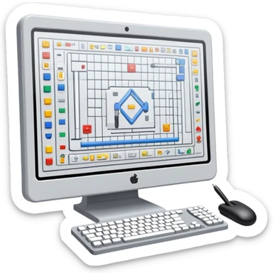 Emoji for Game Design: computer screen with Professional game interface, 3D models, pixel art, and design tools like grid, wireframe, and stylus. Symbolizes the technical and creative process of game development. Transparent background. sticker