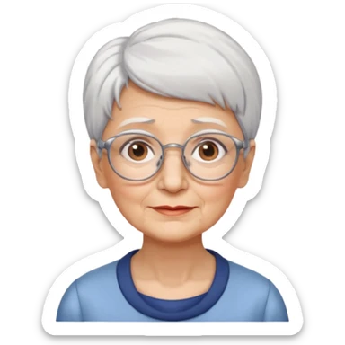 Create me emoji of an old lady. Short white hair to left side. Square glasses. Brown eyes. Rounded really big and long face. Wide nose sticker