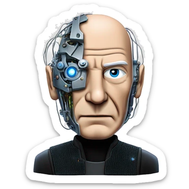 Jean luc picard from Star Trek assimilated by the Borg, with mechanical metal covering only the left side of his face, with wires and a red light on the left side. Both his eyes are unobstructed and are human blue eyes. sticker