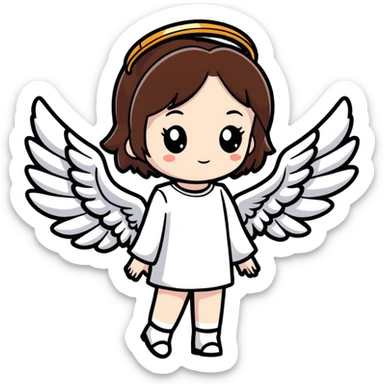 gothic girl with fair skin and short brown hair, angel wings and a halo, cute cartoon sticker style sticker