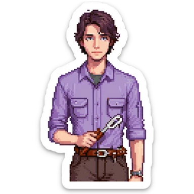 Focused male tinkerer, Caucasian features, short dark brown hair, sharp gray eyes, neutral expression, wearing violet work shirt with rolled-up sleeves, holding a small wrench in one hand, waist-up, front-facing sticker