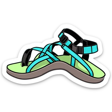 Chaco sandal with toe loop, black footbed, light blue and light green straps sticker