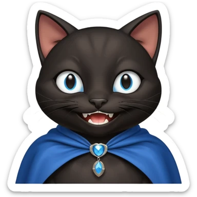 an all black anthropomorphic cat with blue eyes wears an all black cape and is smiling a mischievous sharp tooth grin sticker
