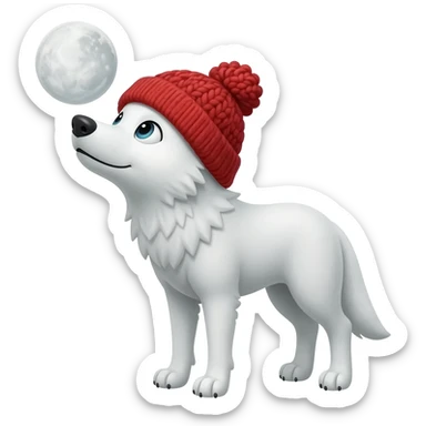 White wolf wif red knitted hat over head covering eyes looking at the moon sticker