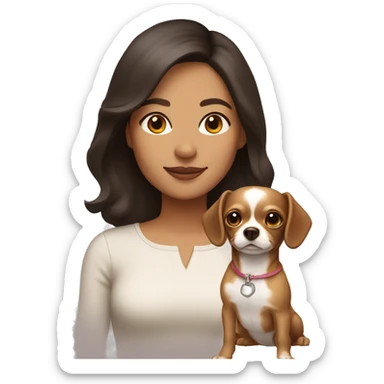 woman with shoulder length dark brown hair with a light brown chihuahua  sticker