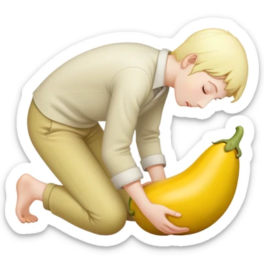 yellow eggplant connected to pregnant person, bowing person facing sideways sticker
