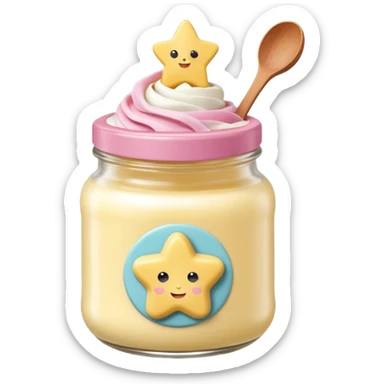 Una miniatura fotorrealista de una mantequilla corporal batida en un tarro, decorada con una pequeña figura sólida en forma de flor o estrella en la parte superior. Estilo: postre, arte, colores vibrantes. sticker