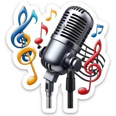 Create a dynamic and atmospheric emoji representing jazz vocal performance. The design should feature a classic, vintage microphone surrounded by flowing musical notes and soft, swirling sound waves to capture the smooth, improvisational essence of jazz. The microphone should have an old-school chrome finish, with subtle highlights that suggest its iconic, timeless quality. Include a background hint of a dimly lit jazz club or smoky stage to set the mood. Use deep, moody colors like midnight blue, gold, and black to evoke the intimate, soulful vibe of jazz vocals. The background should be transparent. sticker