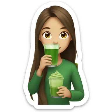 Girl with long brown hair drinking matcha sticker