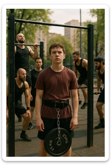 Giovane atleta neofita, fisico normale e non ancora sviluppato, si allena per la prima volta in uno spazio urbano per streetlifting: sbarra per trazioni, parallele, e pesi appesi alla cintura. L’ambiente è un parco cittadino o un’area outdoor sportiva, con luce naturale. L’atleta guarda la sbarra con determinazione e un po’ di insicurezza, ma con forte motivazione. Intorno, altri atleti più esperti. Stile realistico, atmosfera motivazionale, toni energici ma credibili, senso di inizio di un percorso sticker