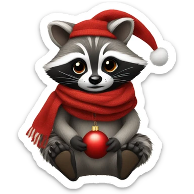 Raccoon with a scarf on holding a red ornament  sticker