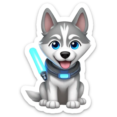 Gray Siberian Husky with blue eyes Jedi holding lightsaber  sticker