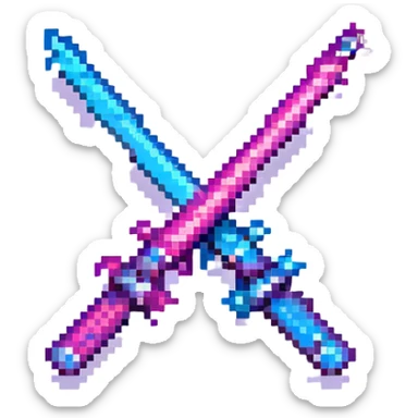 a pair of crossed lightsabers, one magenta and one blue, pixel art style sticker