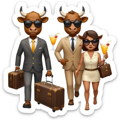 generate an emoji of a group of up to 8 male and female bulls travelling together on holidays. One bull has a suitcase, one has sunglasses, one is carrying a cocktail. They're all in motion, walking together. Make the characters look like bulls sticker
