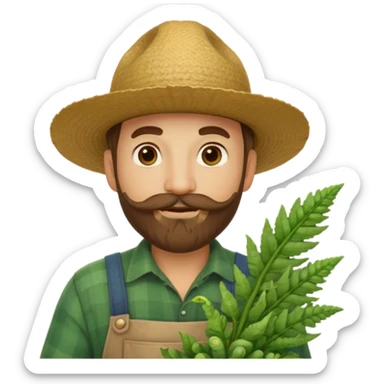 farmer emoji in classic apple style, same outfit and hat as original 🧑‍🌾, holding a leafy bunch of fiddlehead ferns, light moustache and beard, facial features inspired by reference photo, happy expression sticker
