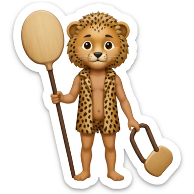 Give me a human who has hunch back and wearing cheetah print clothes  lot of hair on his body show full body and has a stick in his hand sticker