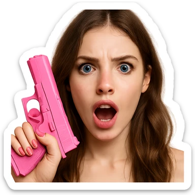close-up portrait of a white girl with blue eyes, pink nails, holding a pink gun, expressive face sticker