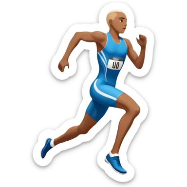 An icon symbolizing professional running: a dynamic sprinting athlete in motion on a track, leaving motion lines behind. The background features a large stadium with cheering crowds, a digital timer, and a clear blue sky. Transparent background emphasizes speed, endurance, and competition. sticker