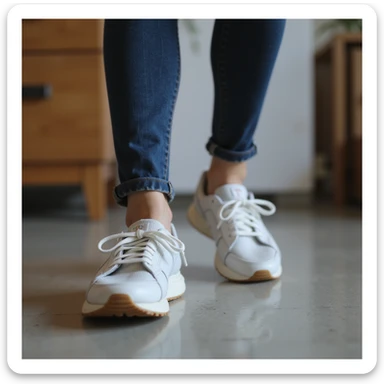 realistic 4K woman wearing sneakers with visible insole, slight frustrated expression while walking indoors sticker