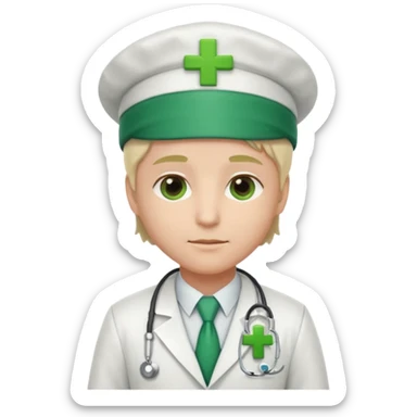 a doctor in white suit with a doctor hat with green cross sticker
