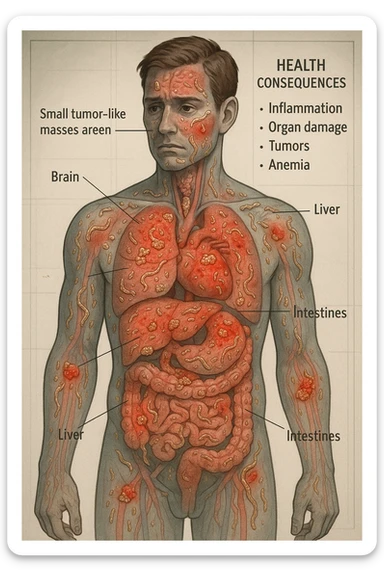 a semi-transparent view of a man’s body reveals numerous parasitic organisms inside his organs and tissues. Some areas are highlighted with red or inflamed zones, and small tumor-like masses are visible where the parasites cluster. The background is clinical and educational, with labels pointing to affected organs and a sidebar showing the health consequences. sticker
