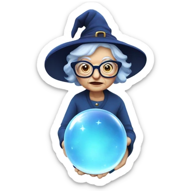 smart granny witch with glasses and blue hat in crystal ball sticker