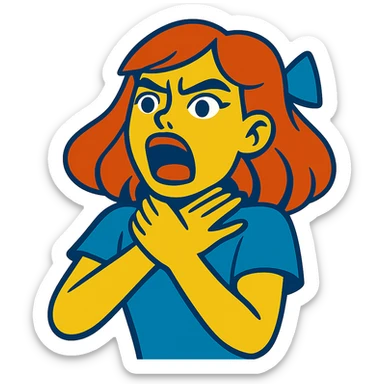 girl expressing intense emotion with hands near her neck, dramatic facial expression, vibrant toon style sticker