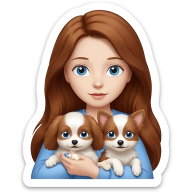 long hair chestnut color blue eyes woman holding small white dog sticker