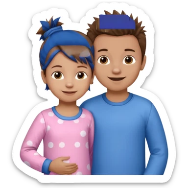 A smaller toddler girl with brown hair with her hair up, wearing pink pajamas and a bigger 4 year old boy with spikey brown hair, wearing blue pajamas. Both light skin and smiling.  sticker