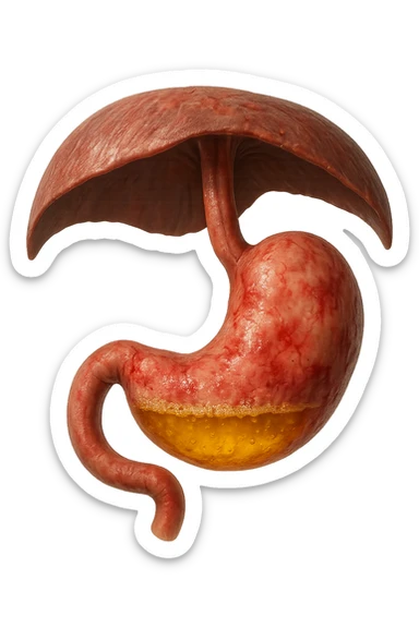 stomaco umano anatomico infiammato con acido giallo all'interno fluttua in aria insieme ad un diaframma umano, iperrealistico 4k, isolato su sfondo bianco sticker