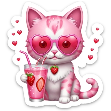 A bubblegum pink kitten with heart-shaped sunglasses, sipping a strawberry soda, surrounded by sparkles and summer vibes. sticker