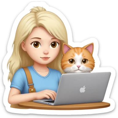 A girl is working hard on a laptop with a cat next to it sticker