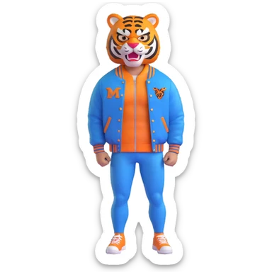 Tony from Hotline Miami, muscular man in varsity jacket with tiger mask, 3D emoji style sticker