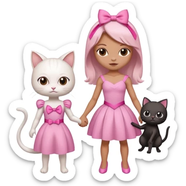 A spider-themed superhero character holding hands with a cute white cat character in a pink dress and a pink bow sticker