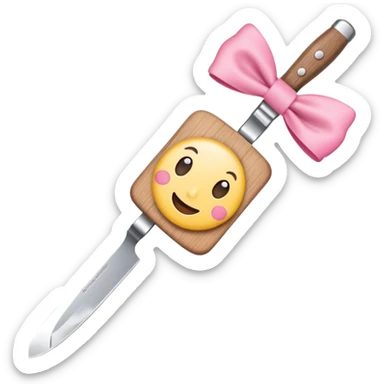 Emoji style illustration of a kitchen knife with a cute pink bow tied around the handle, minimalistic, clean design, white background, soft colors, flat vector style, kawaii emoji sticker