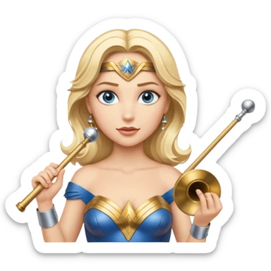 Blonde blue eyed Wonder Woman holding white orchestra conductor’s baton and bell  sticker