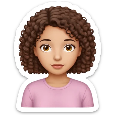 A Latina girl with brown eyes and short curly hair with a light pink shirt sticker